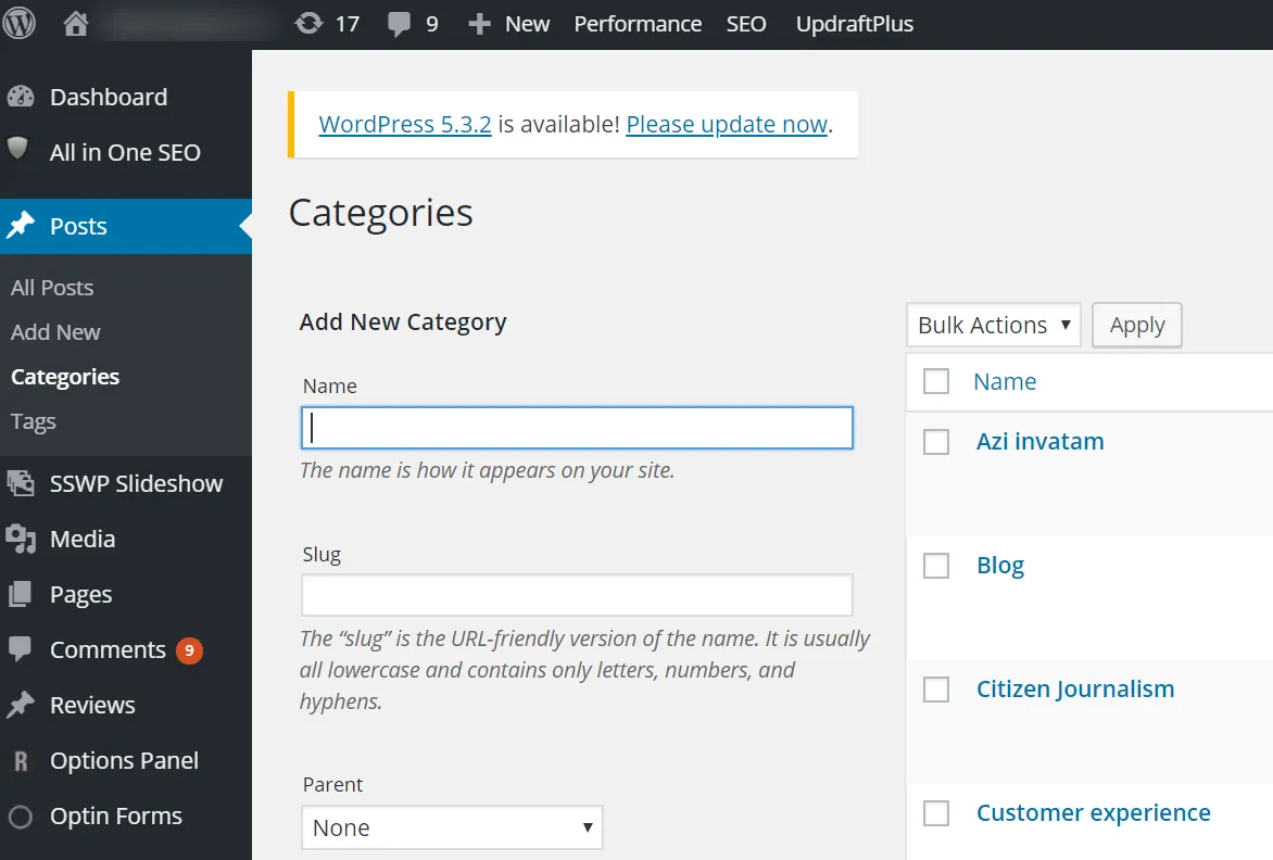 adaugare categorii in interfata de admin wordpress