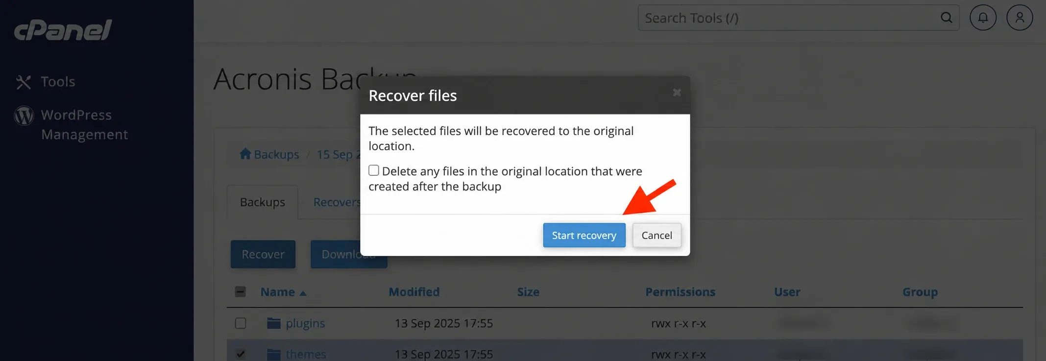 Confirmă restaurarea folderului cu Start recovery, cu utilizatorul mascat