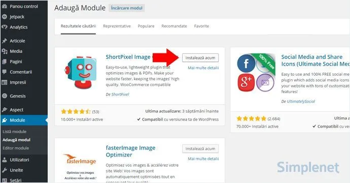 Ecranul Adaugă module din WordPress, cu o săgeată roșie spre butonul Instalează acum al pluginului ShortPixel Image Optimizer