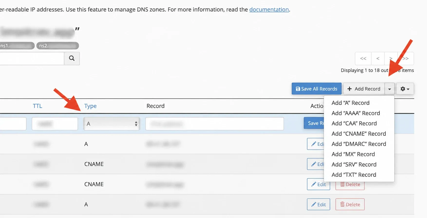 Adaugă o înregistrare DNS din Manage