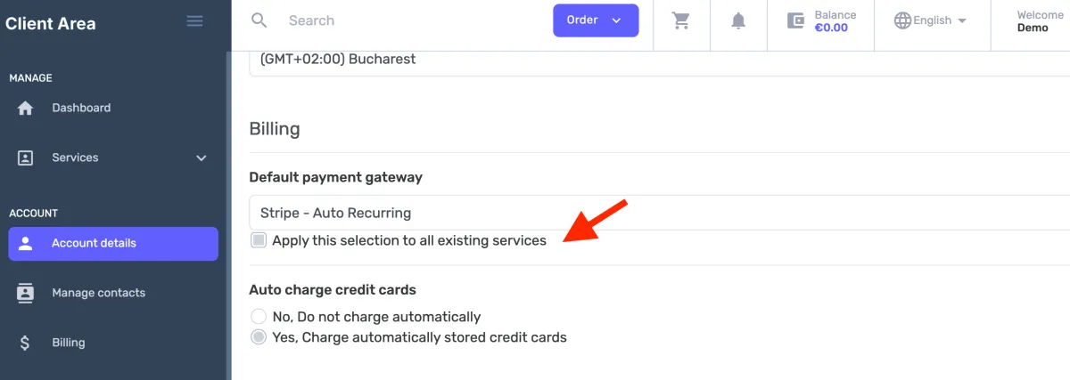 Opțiunea pentru serviciile existente și activarea debitării automate a cardurilor