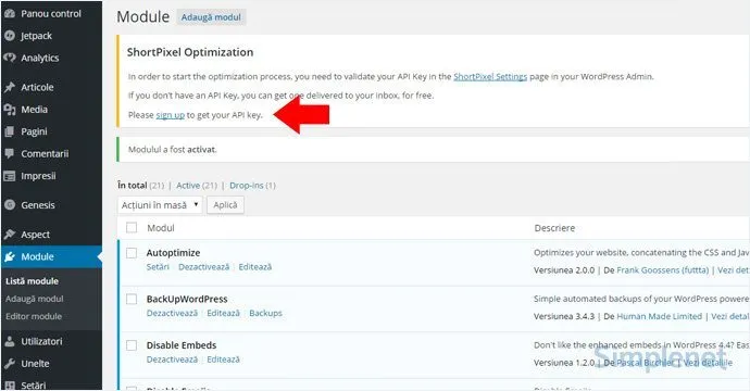 Notificarea ShortPixel Optimization după activare, cu o săgeată roșie spre linkul sign up pentru obținerea cheii API