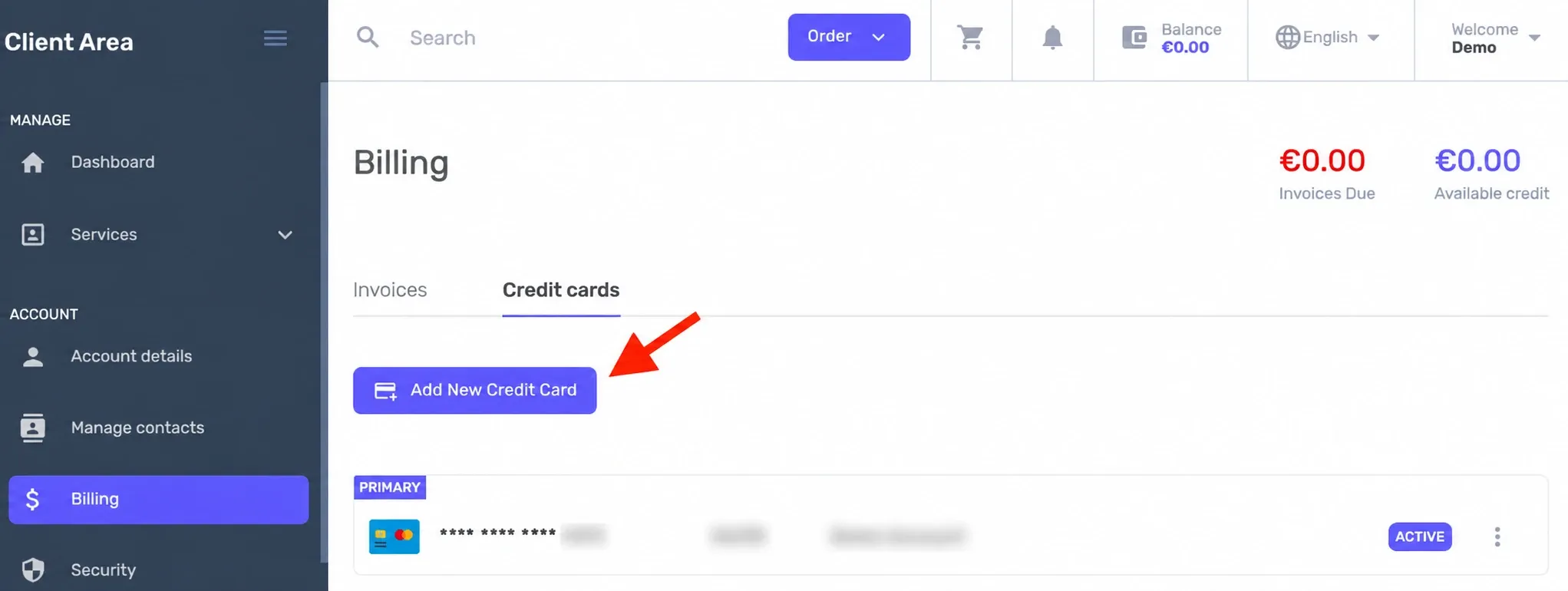 Fila Credit cards și butonul Add New Credit Card, cu datele cardului existent mascate