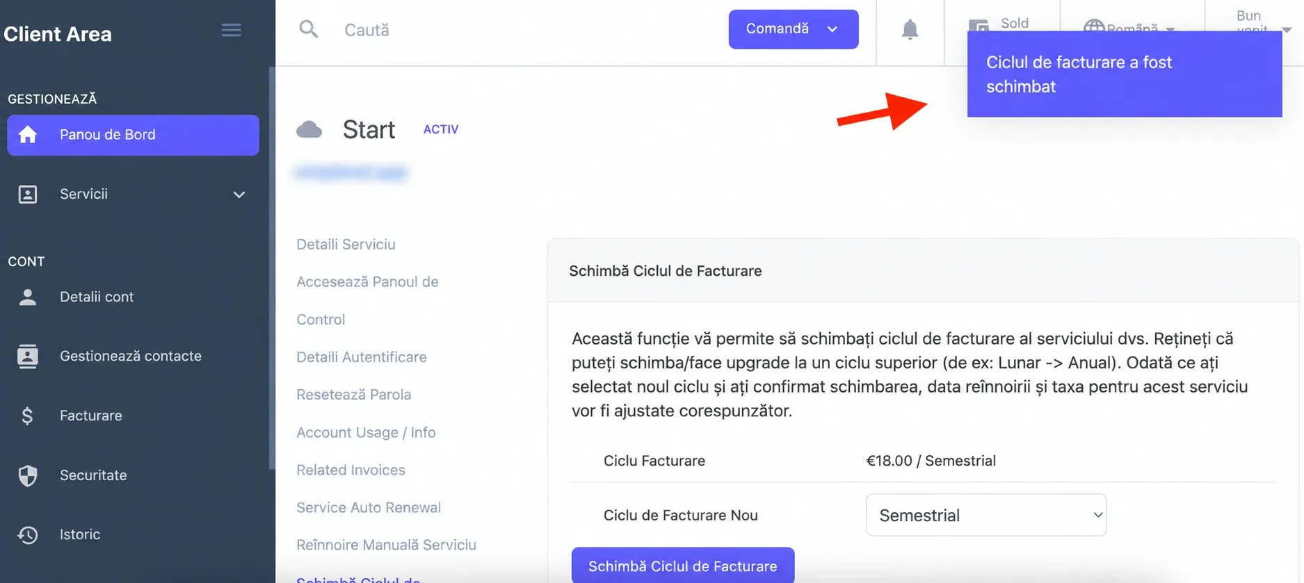Confirmare schimbare ciclu de facturare, cu domeniul mascat