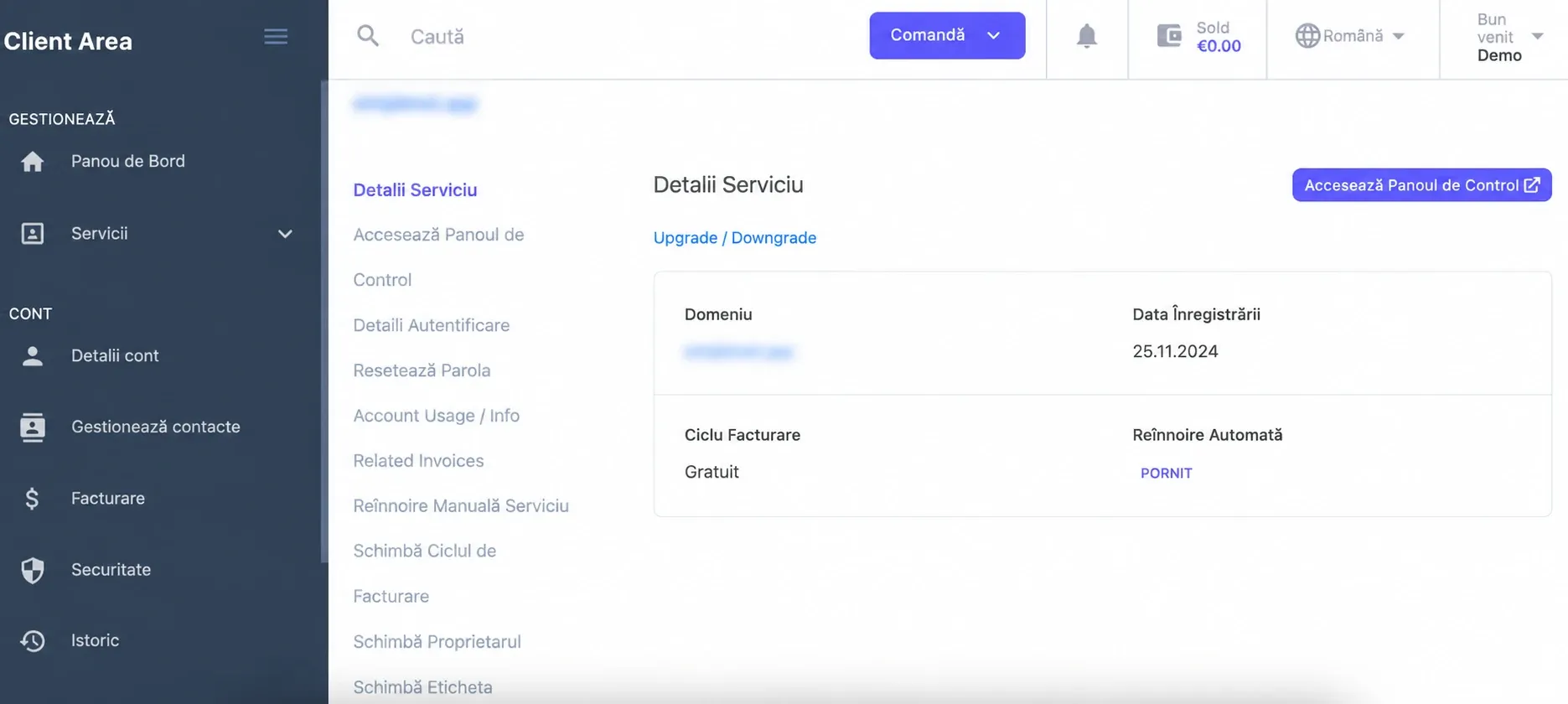 Pagina Detalii Serviciu cu informațiile și acțiunile disponibile; domeniul este mascat