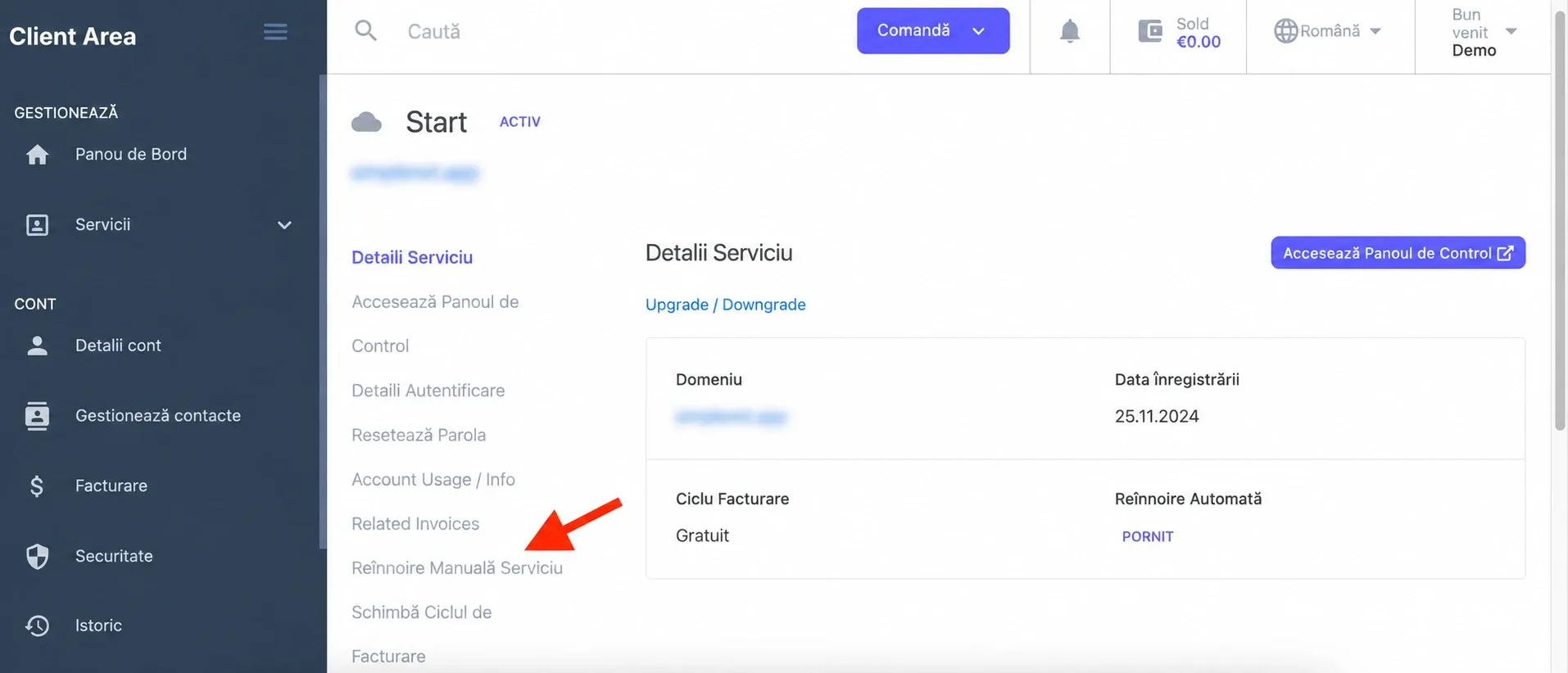 Reînnoire manuală serviciu în meniul din stânga, cu domeniul mascat
