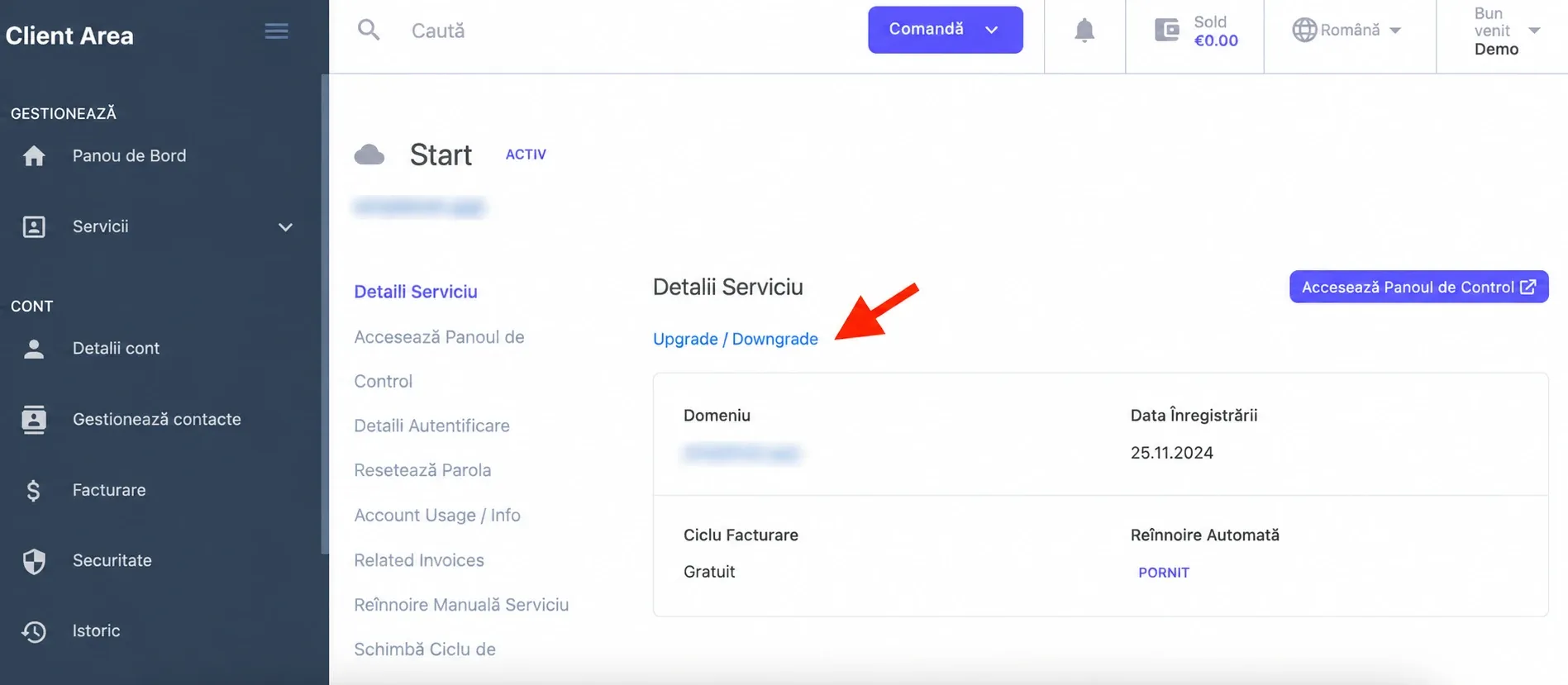 Opțiunea Upgrade/Downgrade în meniul serviciului, cu domeniul mascat