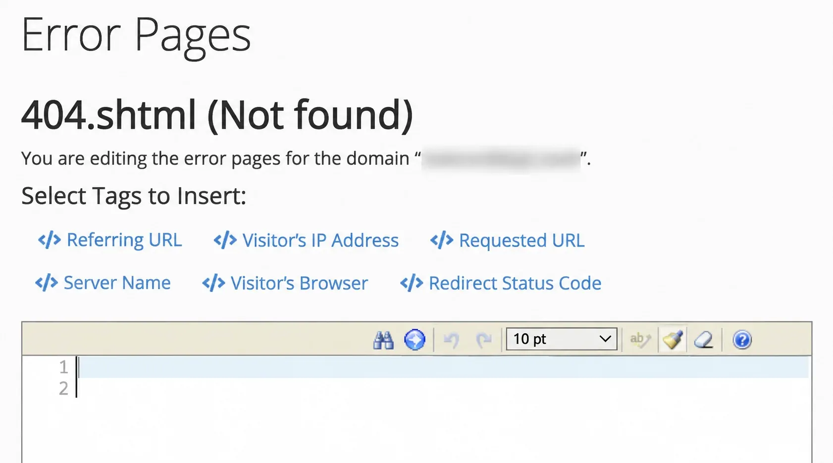 Editorul unei pagini 404 din Error Pages, cu domeniul mascat