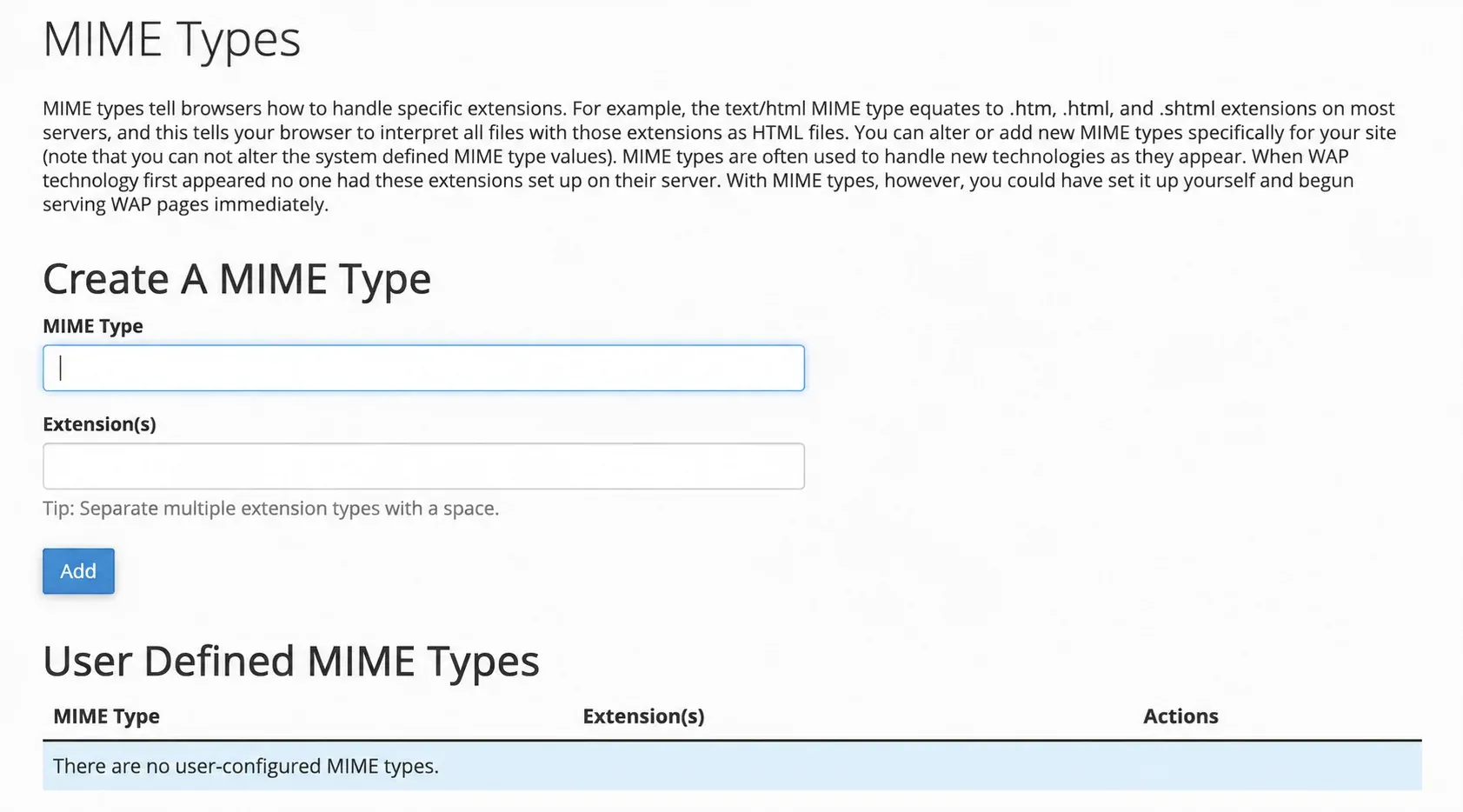 Formularul Create A MIME Type și lista regulilor definite de utilizator