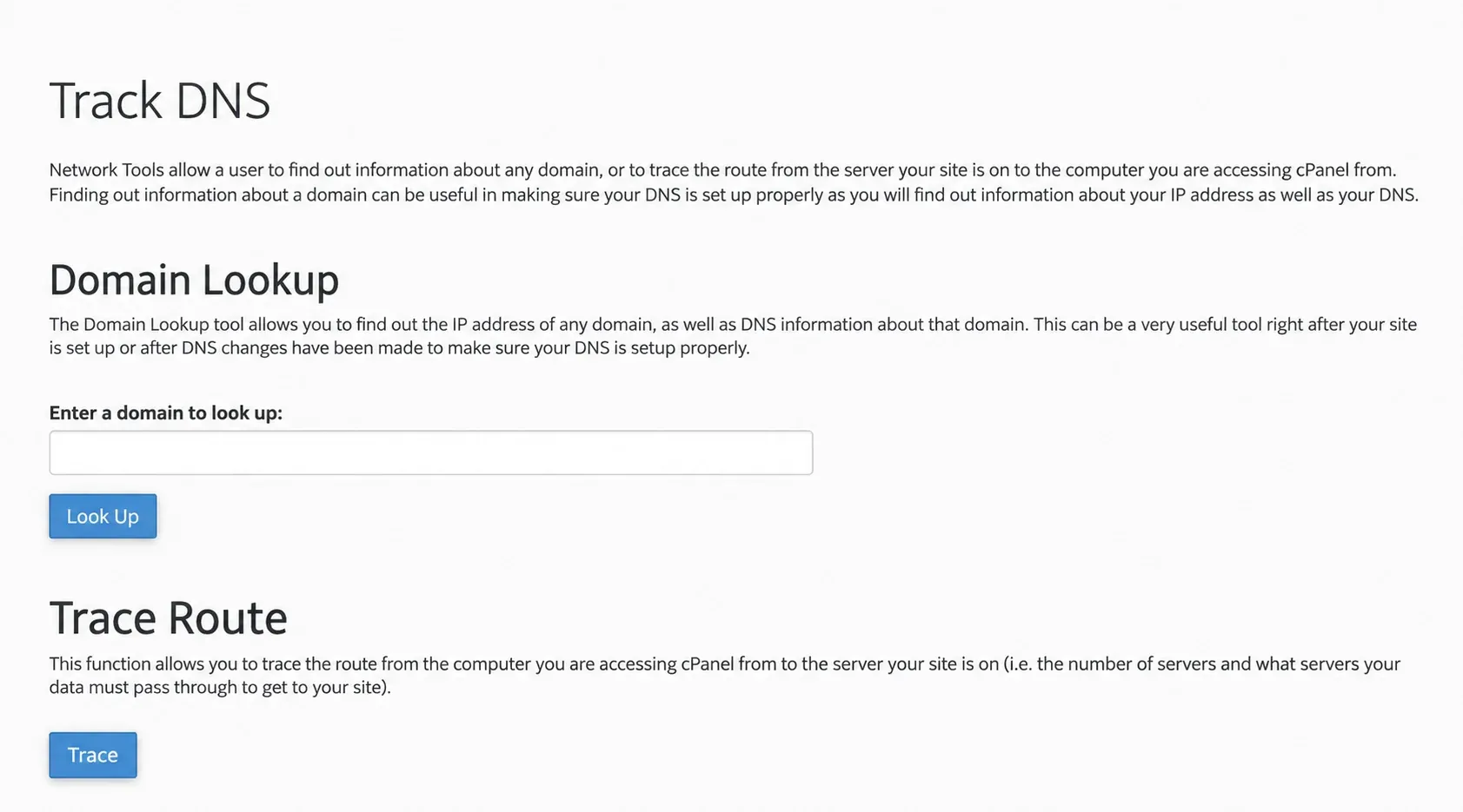 Secțiunile Domain Lookup și Trace Route din Track DNS