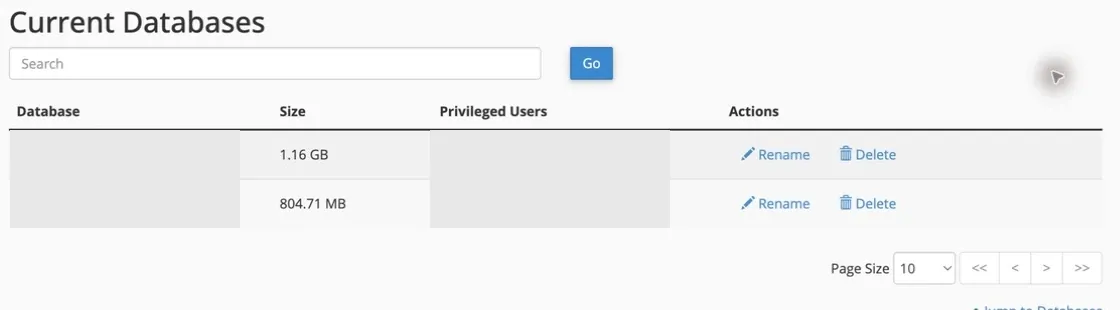 Acțiunile Rename și Delete pentru bazele de date din cPanel