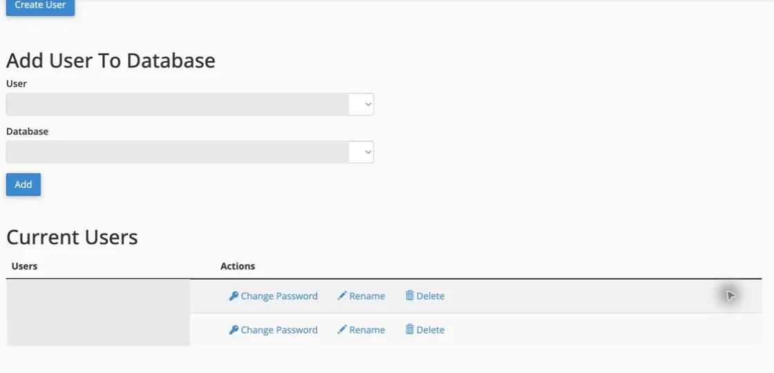 Secțiunea Add User To Database din cPanel