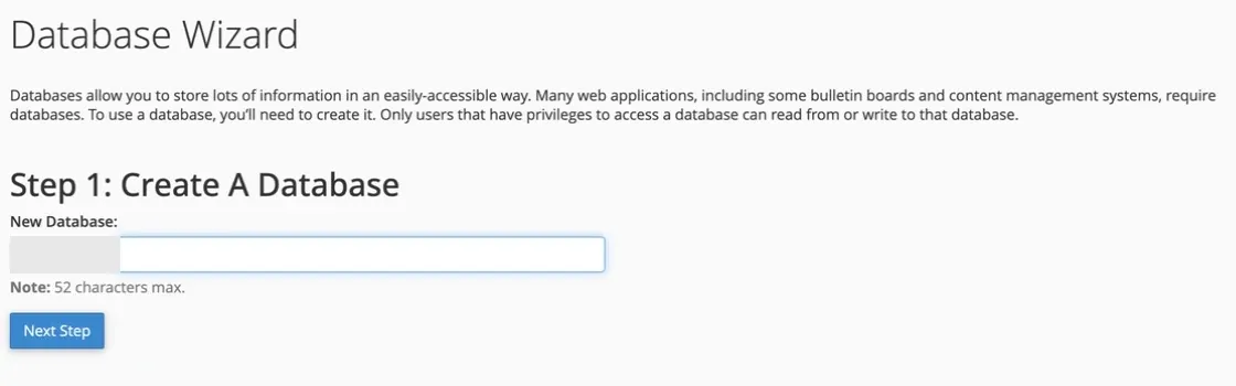 Primul pas din Database Wizard în cPanel