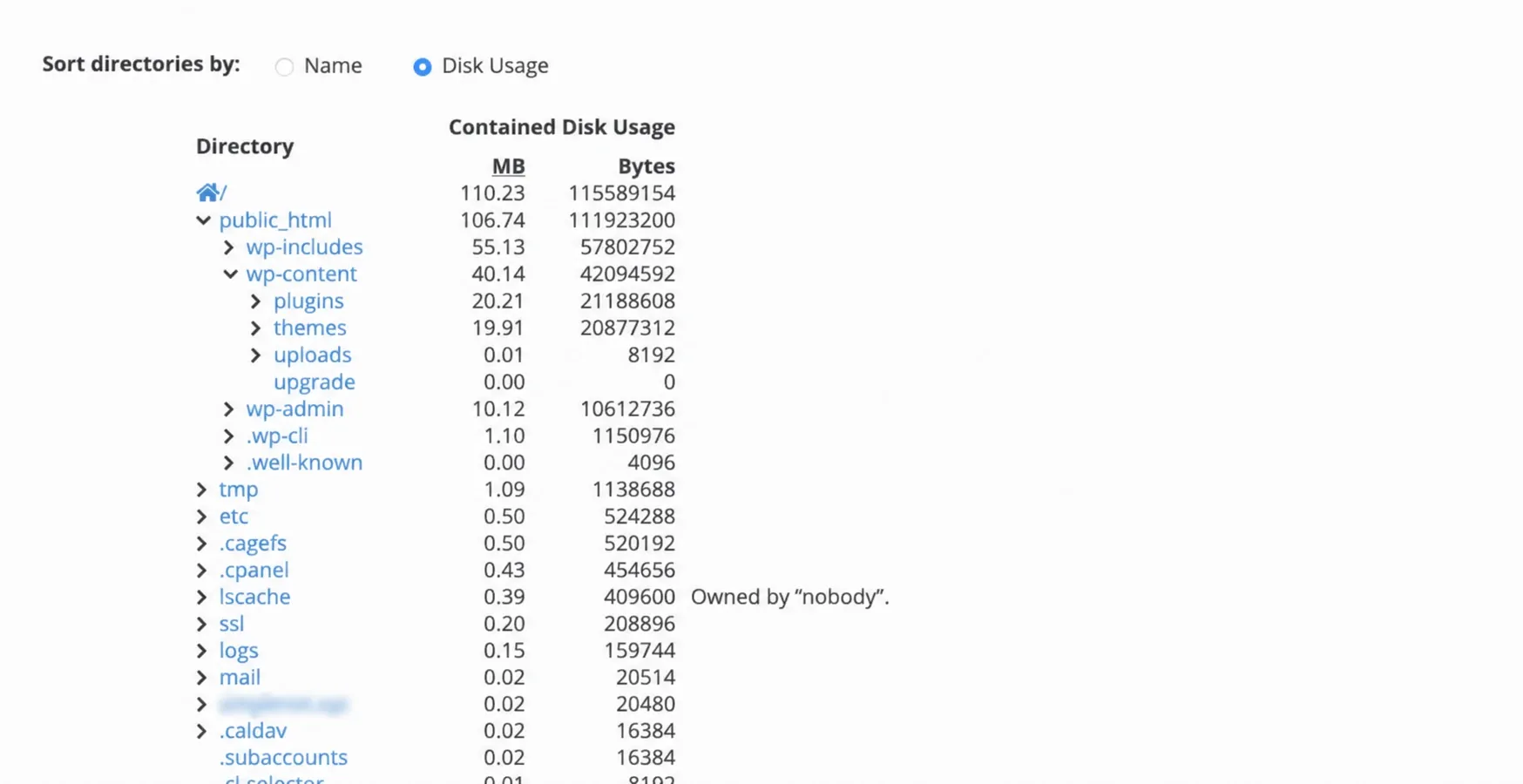 Distribuția spațiului pe directoare din Disk Usage, cu domeniul mascat