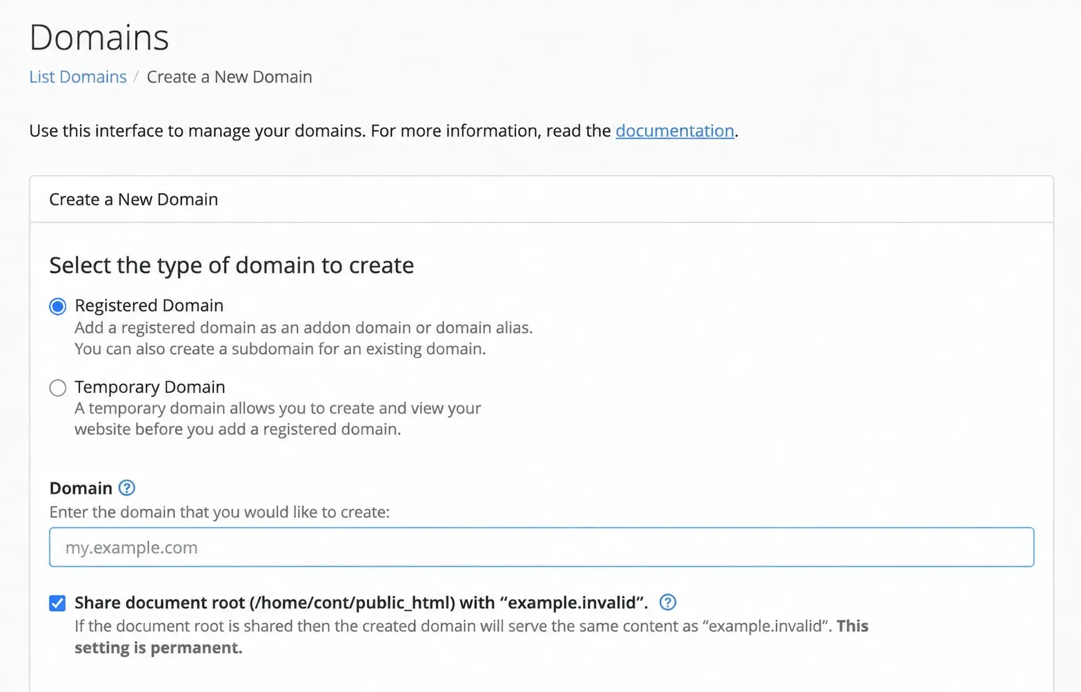 Formularul Create a New Domain din cPanel