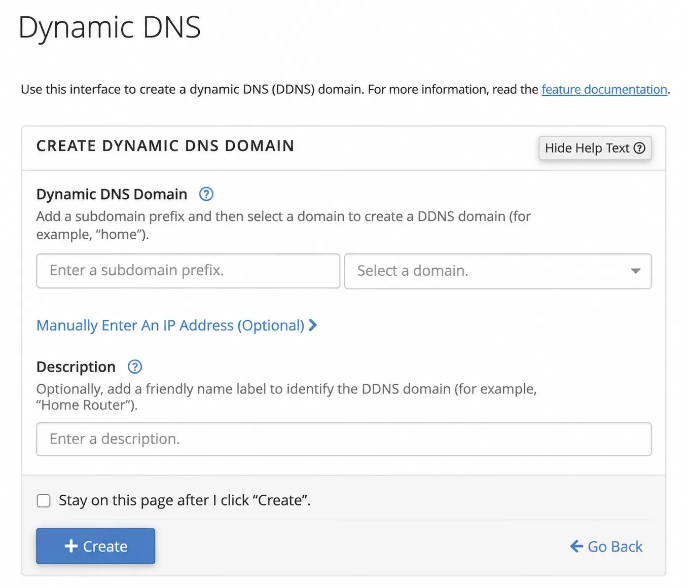 Formularul de creare a unui subdomeniu Dynamic DNS
