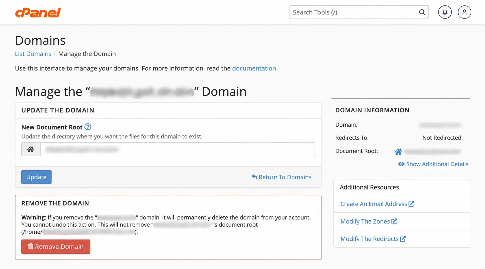 Ecranul Manage cu New Document Root, Update și Remove Domain