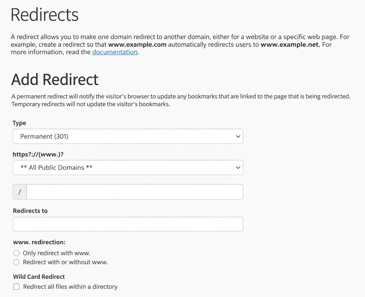 Formularul Add Redirect din cPanel