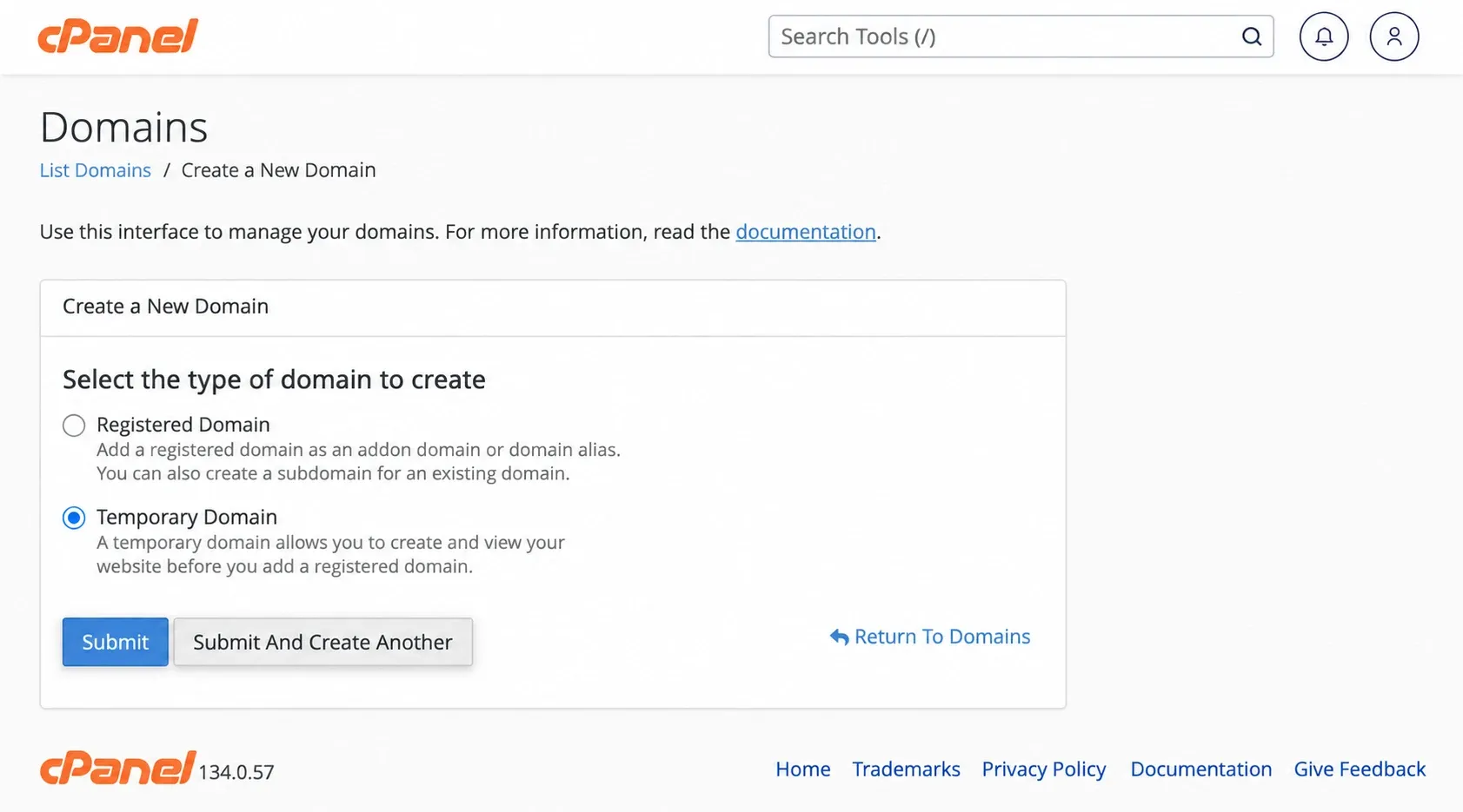 Opțiunea Temporary Domain selectată în formularul cPanel