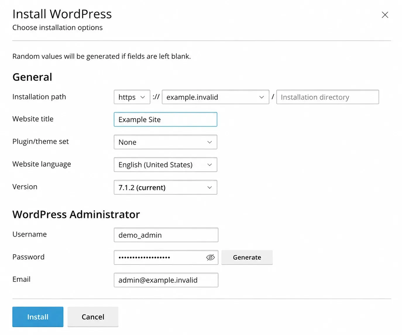 Formularul Install WordPress din WP Toolkit