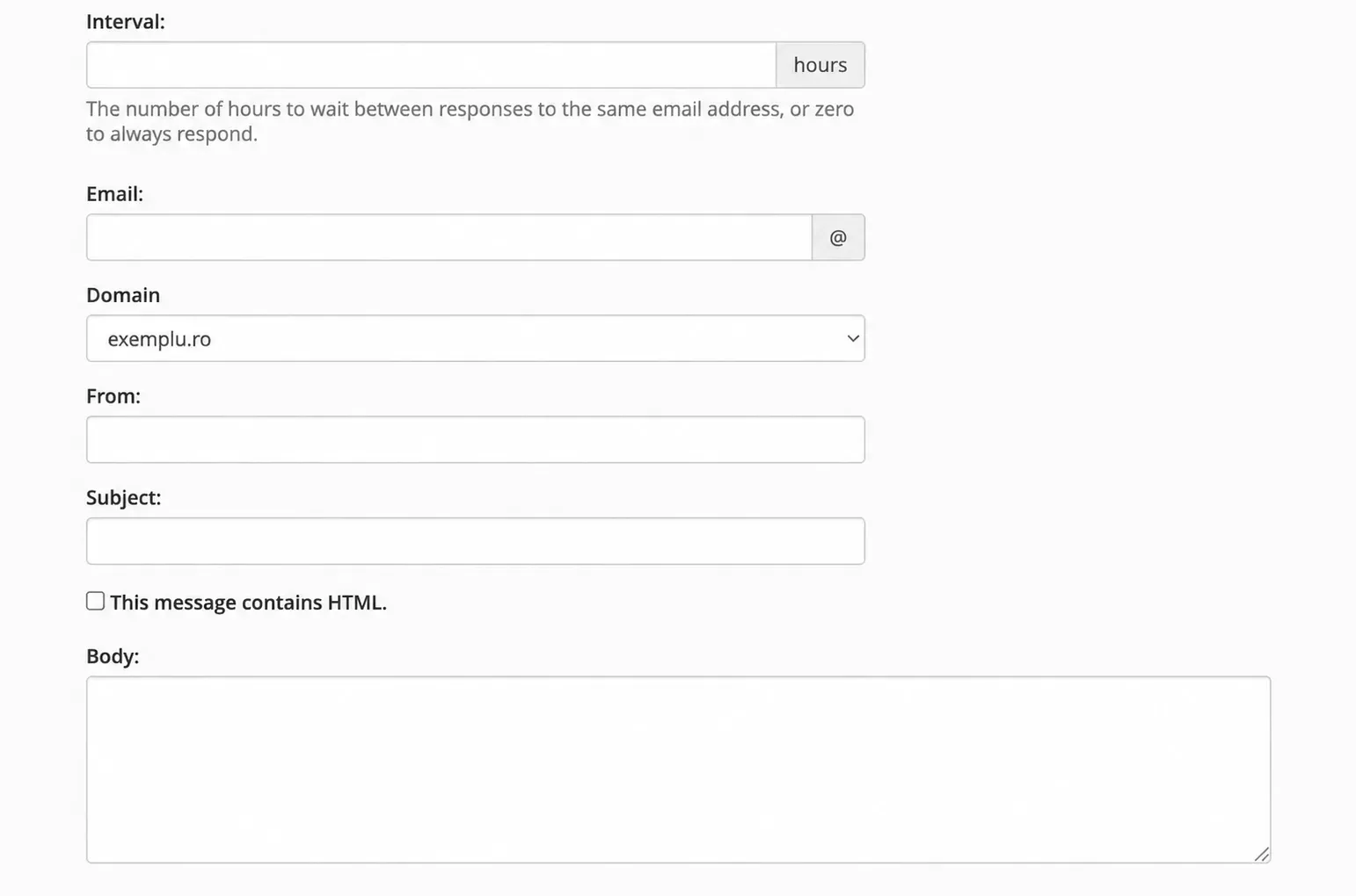 Câmpurile Interval, Email, Domain, From, Subject și Body din formularul Add Autoresponder