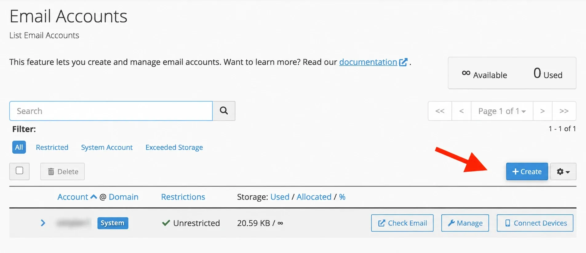 Butonul Create în Email Accounts