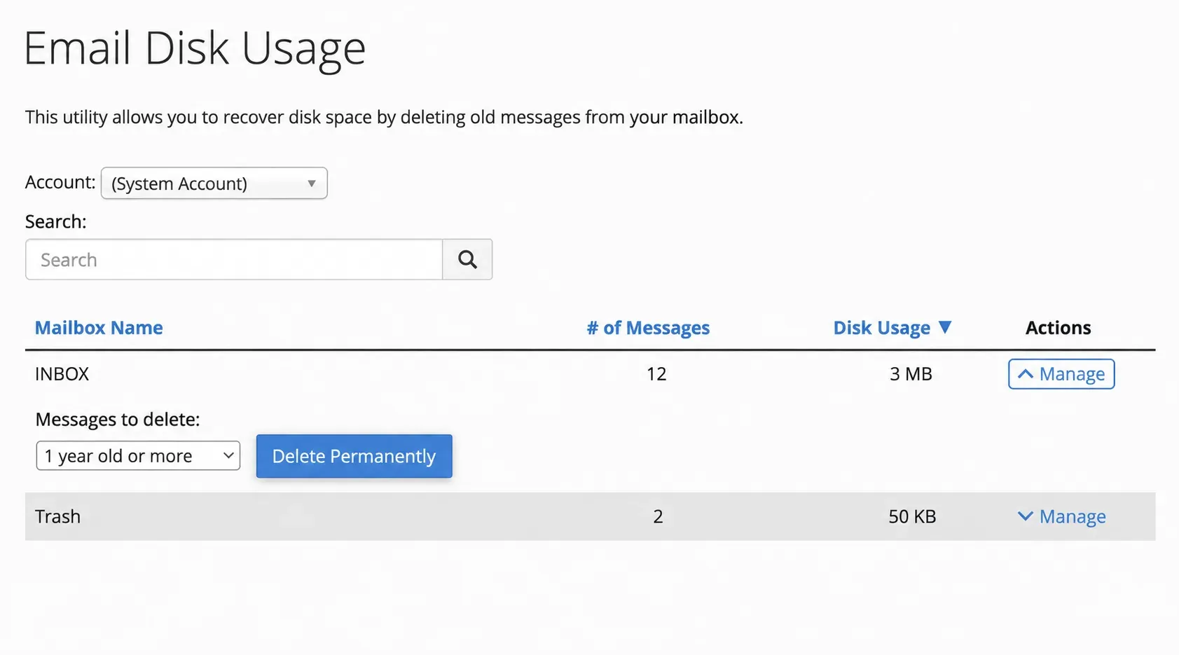 Tabelul Email Disk Usage cu acțiunea Manage și butonul Delete Permanently; valorile sunt fictive