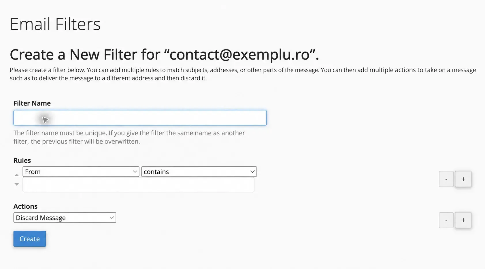 Formularul unui filtru pentru o singură adresă de email