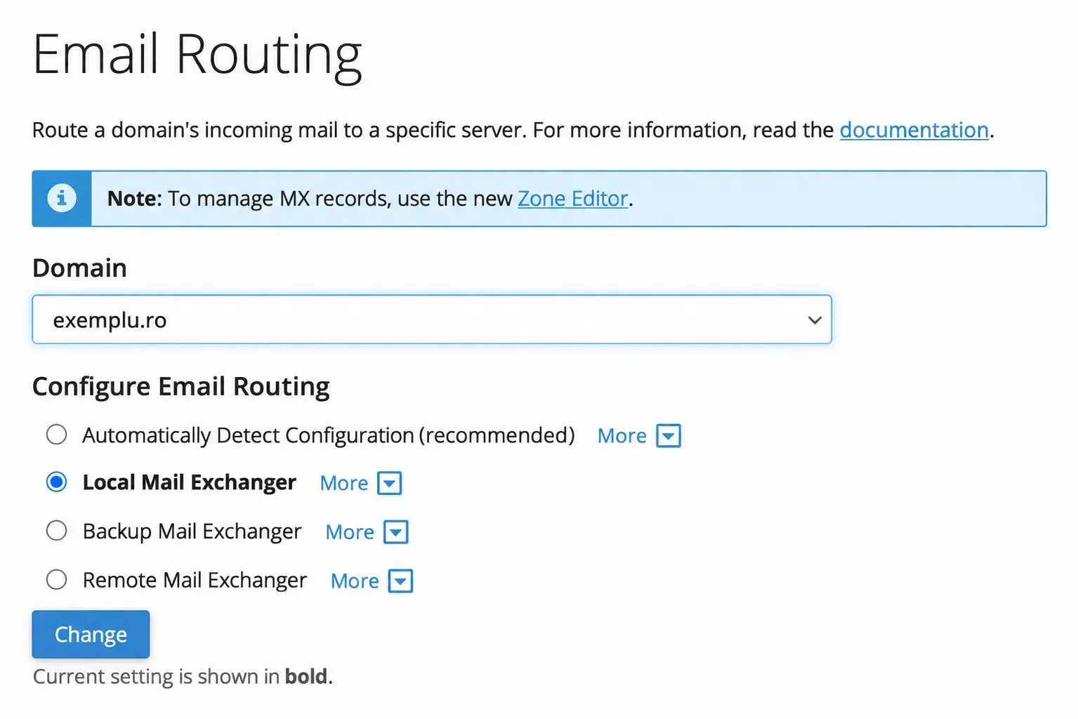 Opțiunile Local, Backup și Remote Mail Exchanger și butonul Change