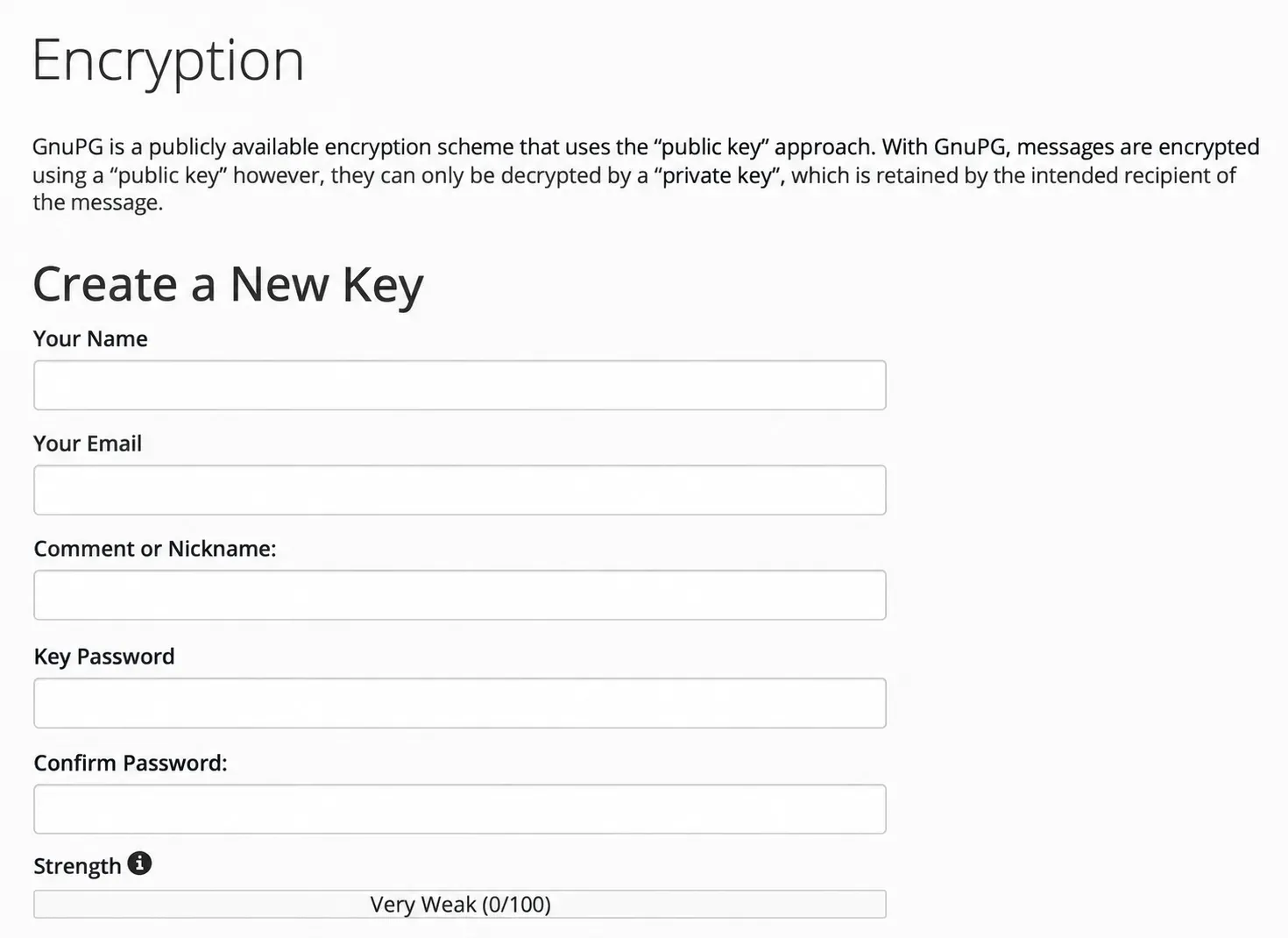 Formularul Create a New Key din unealta Encryption