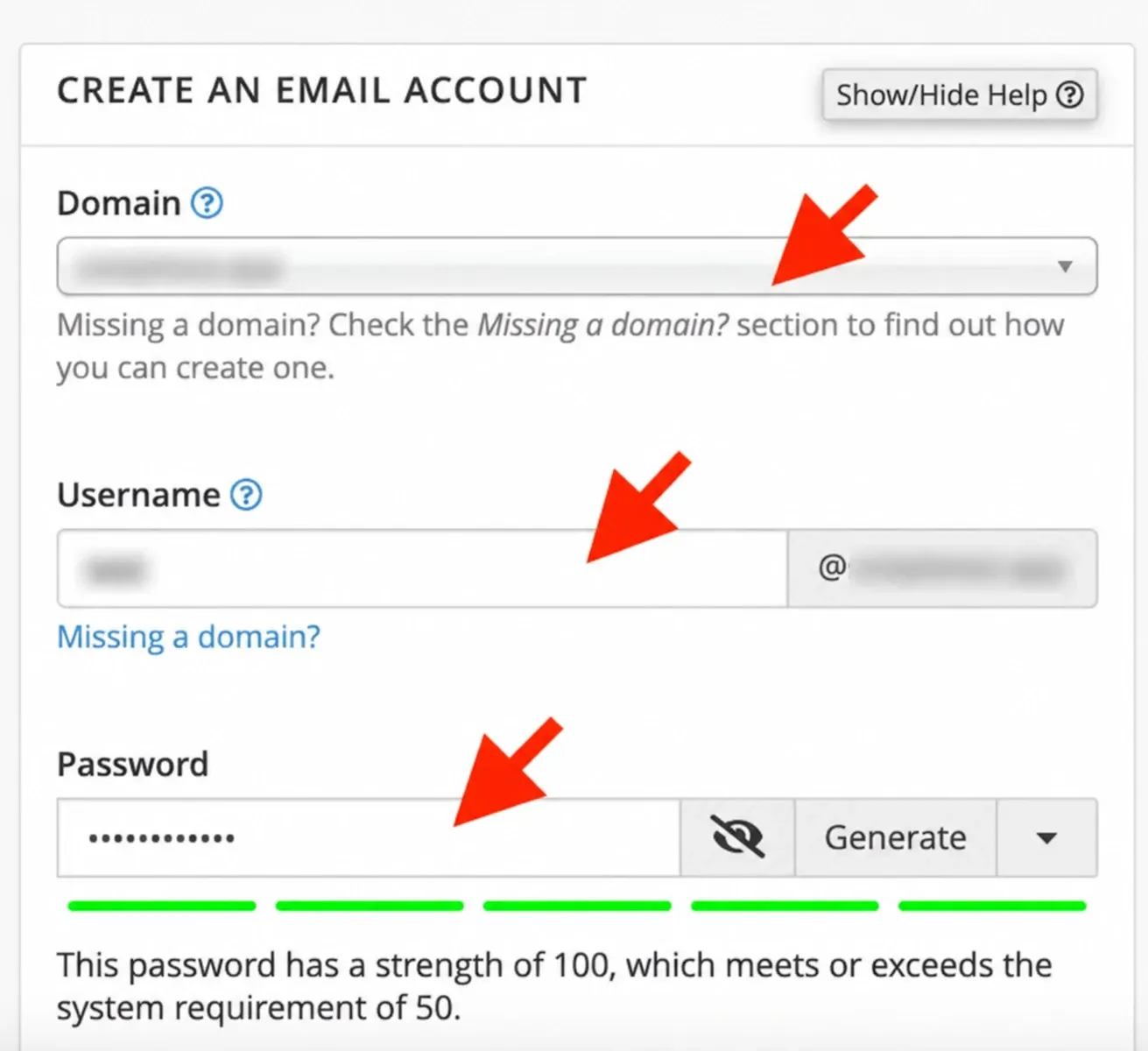 Formularul pentru o adresă de email nouă, cu domeniul mascat
