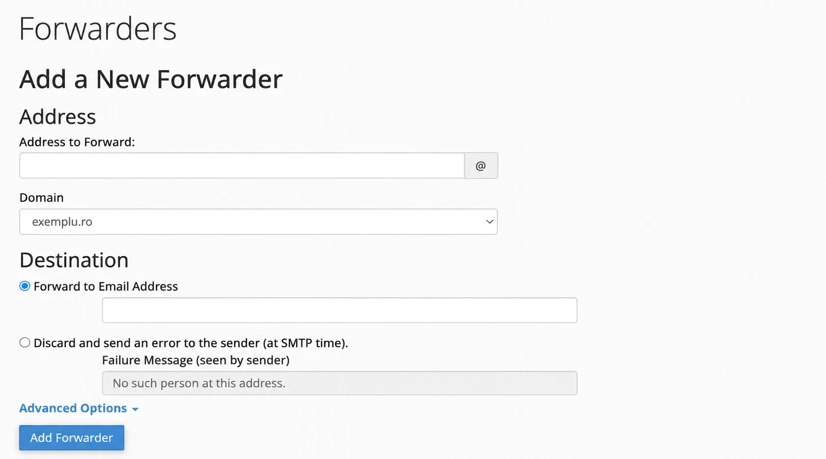 Formularul Add a New Forwarder, cu adresa sursă, destinația și butonul Add Forwarder