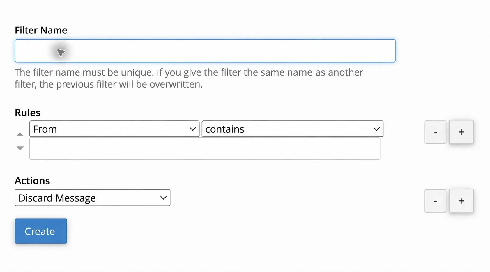 Câmpurile Filter Name, Rules și Actions pentru un filtru global