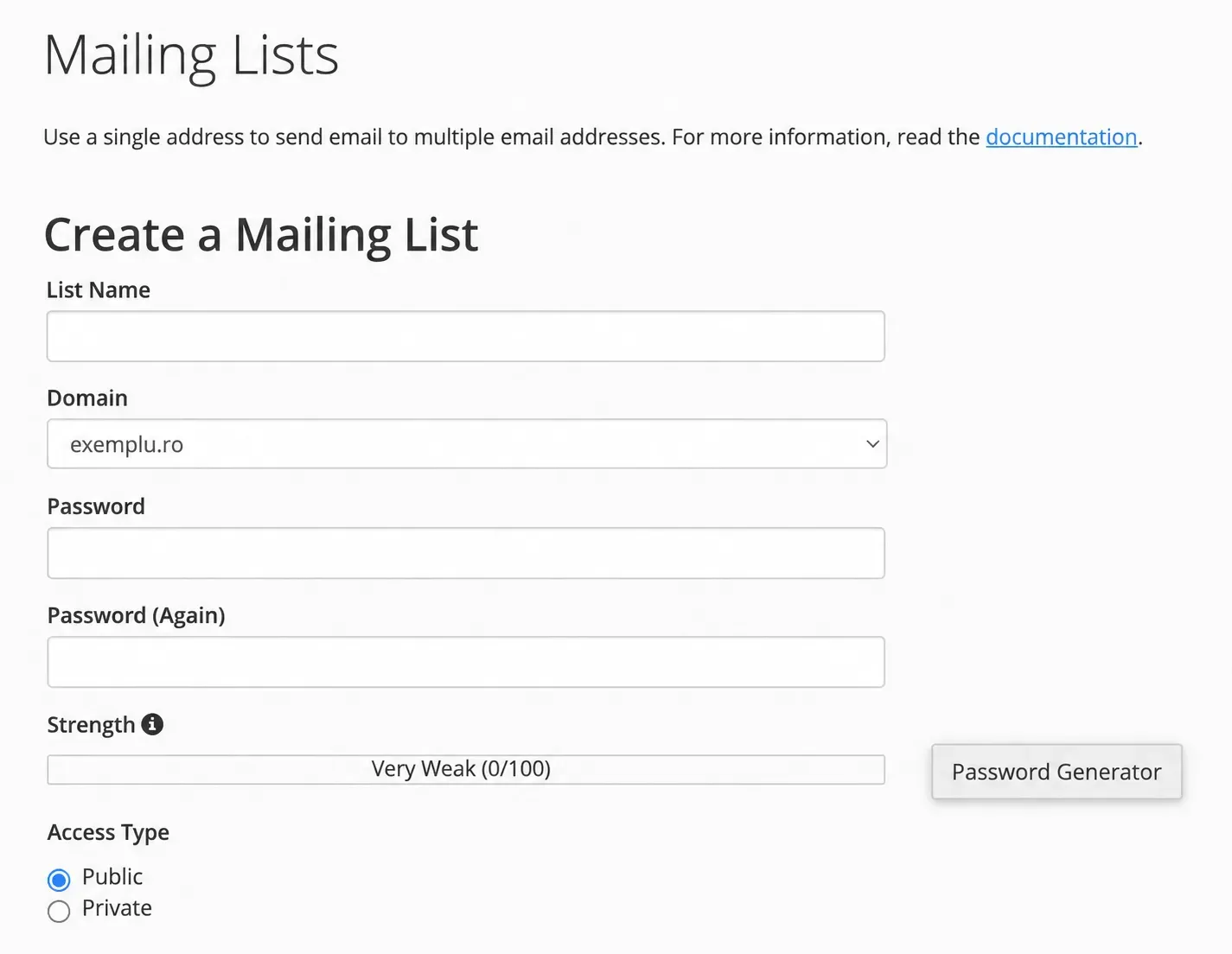 Formularul Create a Mailing List, cu nume, domeniu, parolă și tip de acces