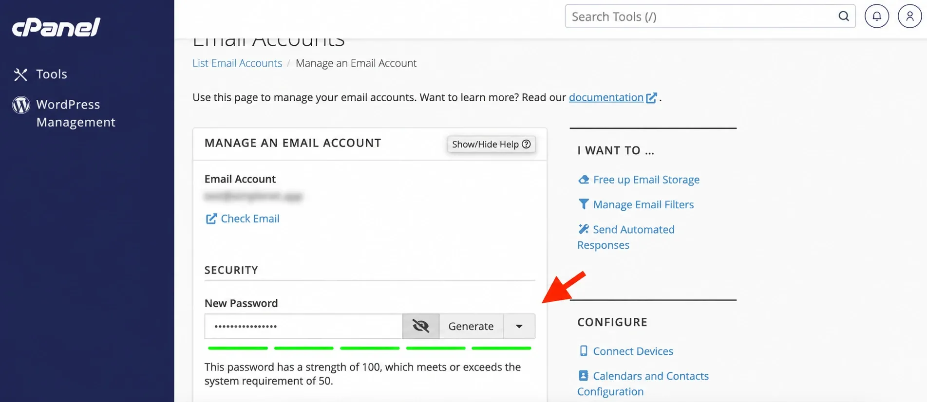 Câmpul New Password și Generate