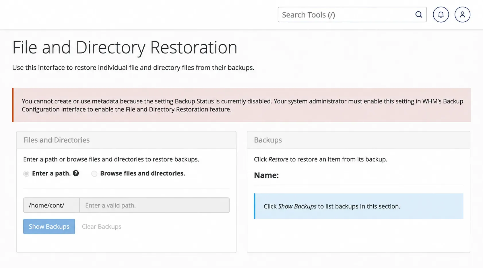 Avertismentul și controalele dezactivate din File and Directory Restoration