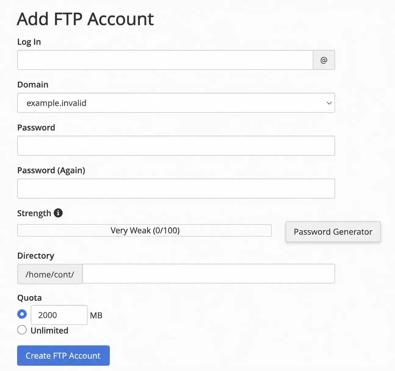 Câmpurile pentru crearea unui cont FTP