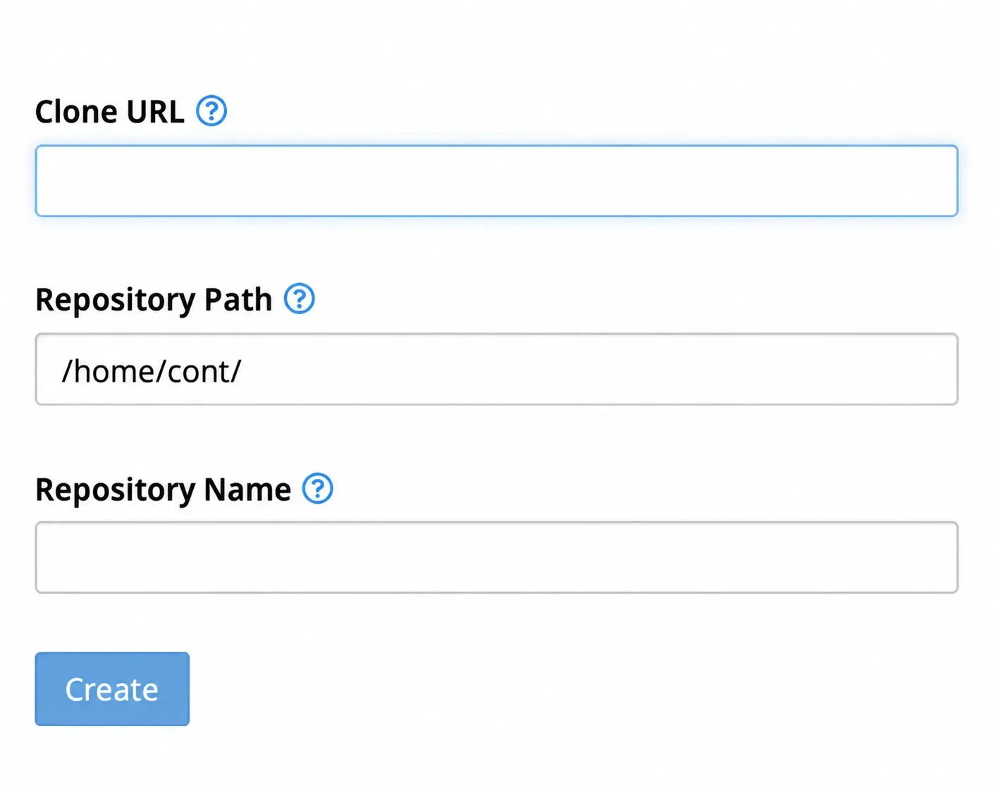 Formularul de clonare sau creare a unui depozit Git