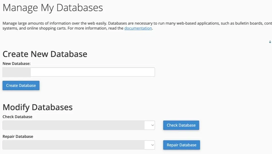 Pagina Manage My Databases din cPanel