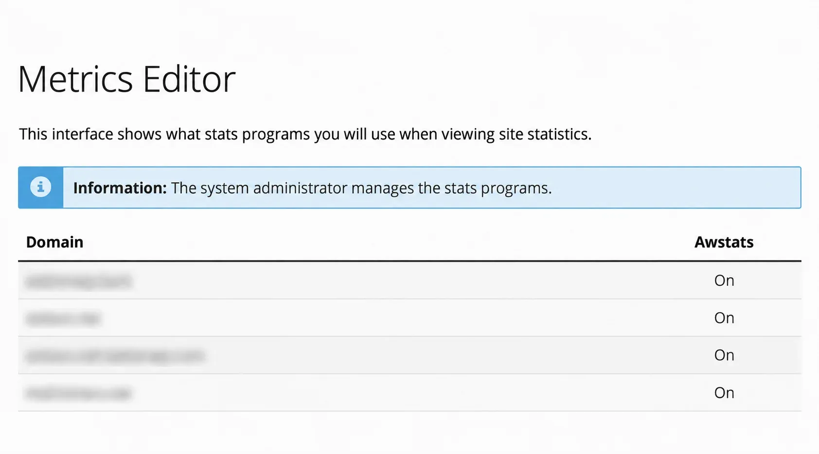 Metrics Editor cu starea Awstats și mesajul despre administrarea de către server