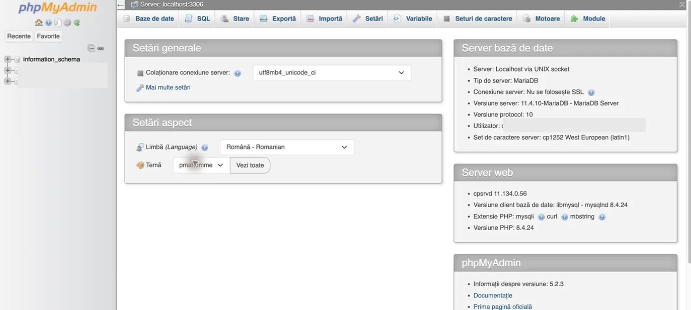 Interfața phpMyAdmin deschisă din cPanel