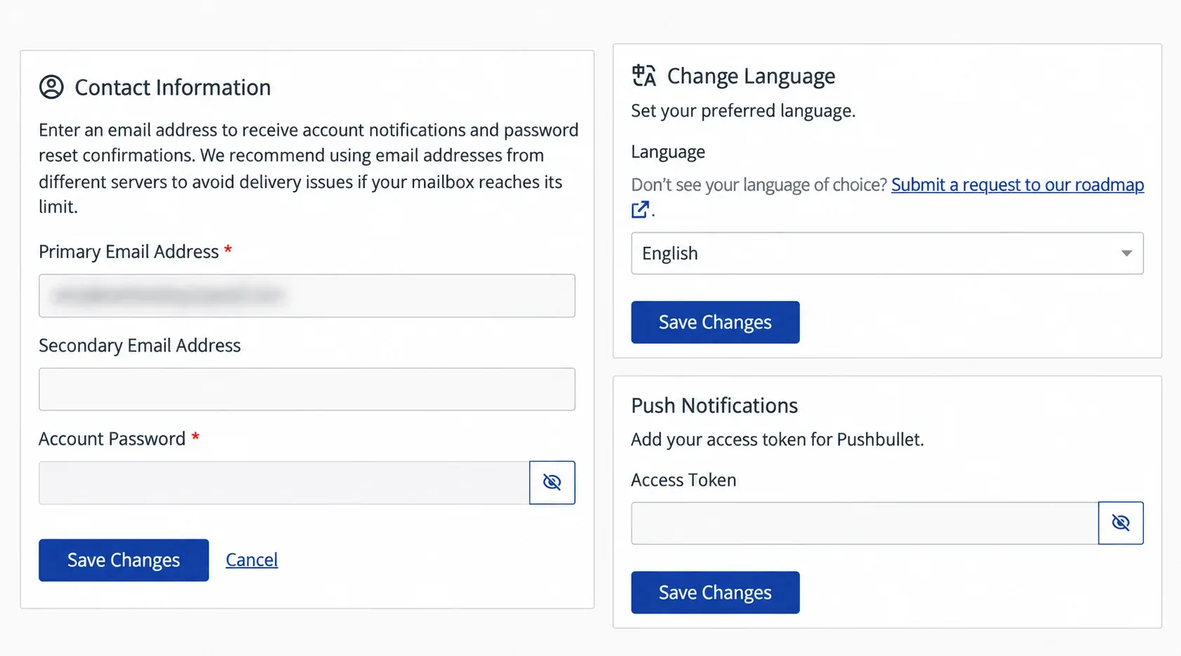 Cardurile Contact Information, Change Language și Push Notifications, cu adresa mascată