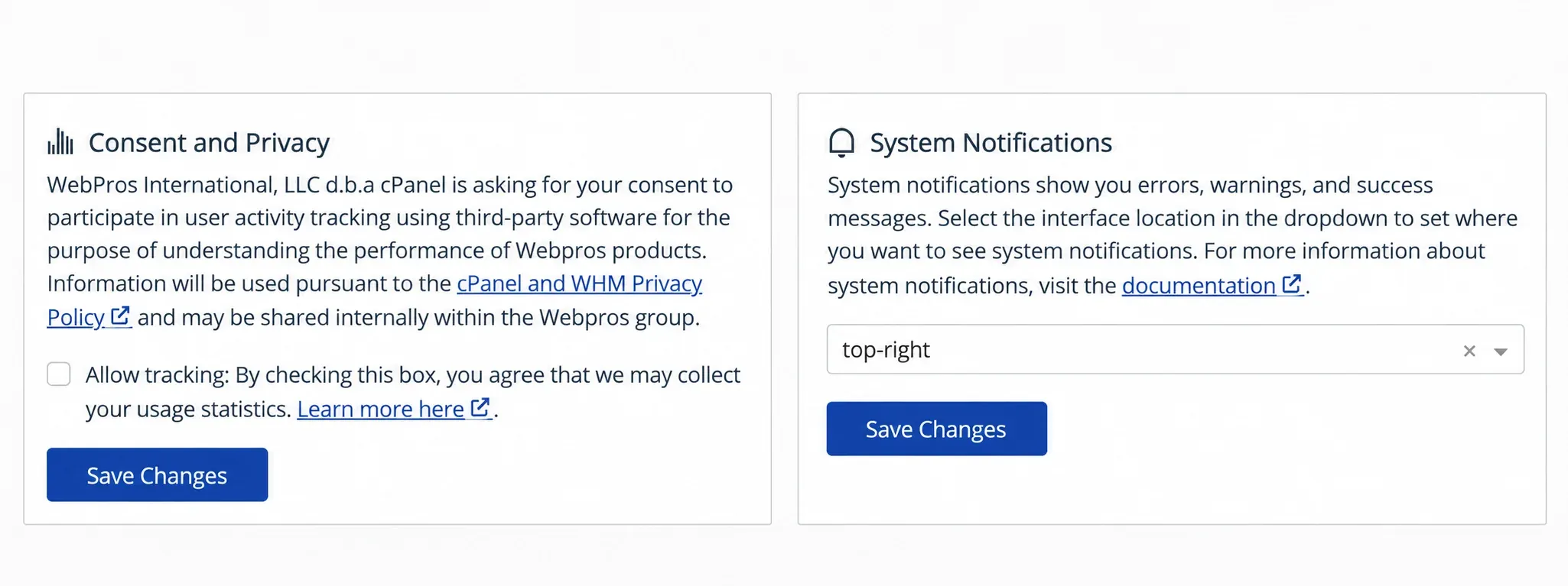 Cardurile Consent and Privacy și System Notifications din Account Preferences