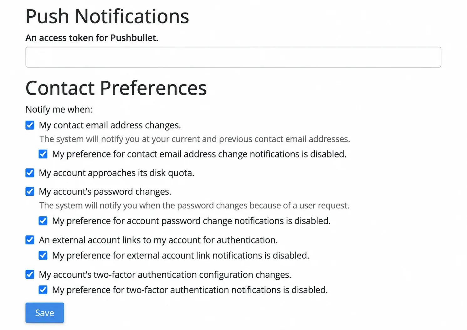 Opțiunile Push Notifications și Contact Preferences din pagina separată