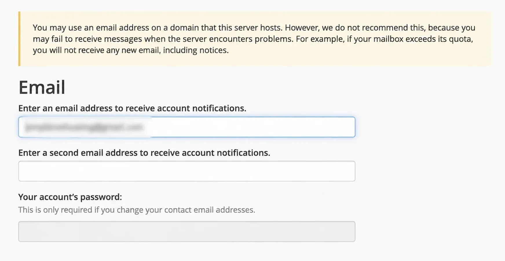 Adresele de notificare din Contact Information, cu adresa existentă mascată