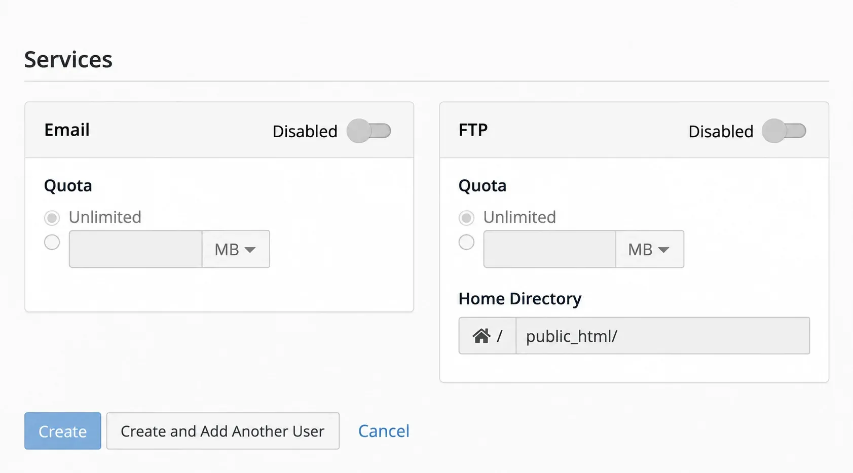 Serviciile Email și FTP și limitele lor în formularul Add User
