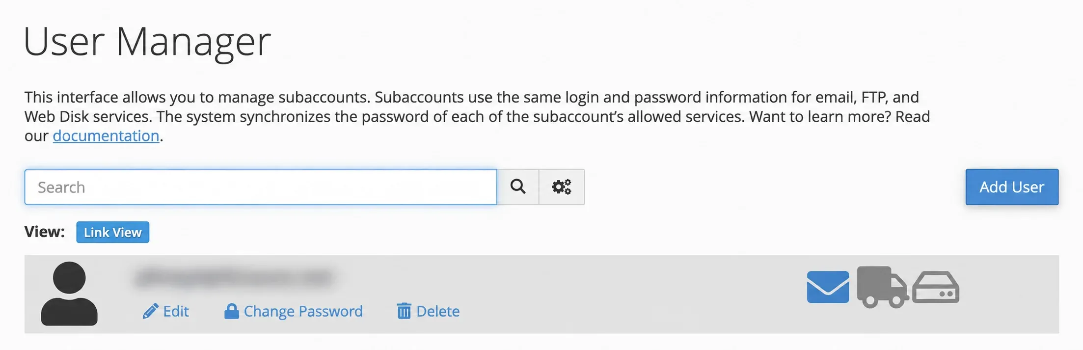 Lista User Manager cu acțiunile disponibile; numele subcontului este mascat