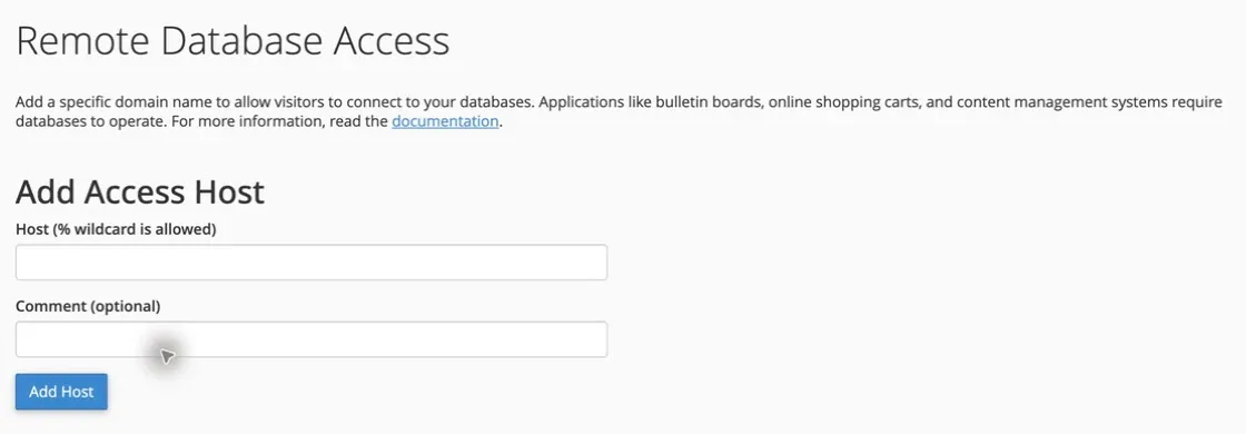 Formularul Remote Database Access din cPanel