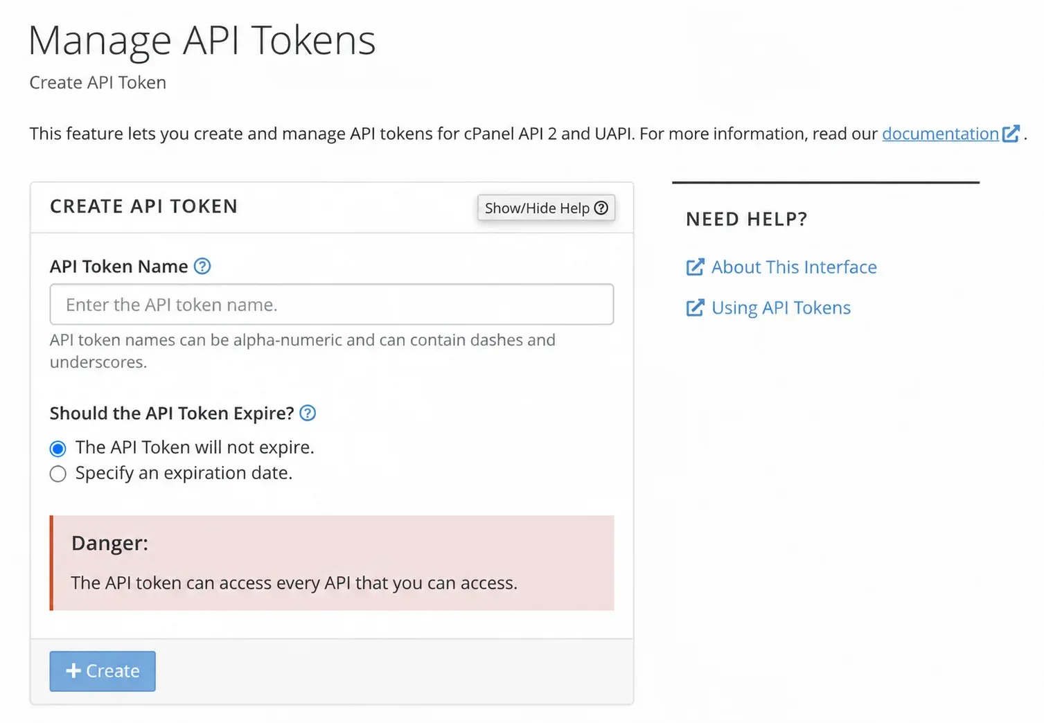 Formularul de creare a unui token API și avertismentul despre acces