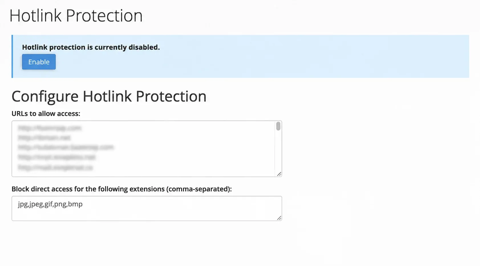 Starea și formularul Hotlink Protection din cPanel, cu domeniile mascate